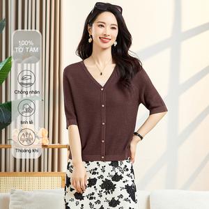 Áo Thun Dệt Kim Cổ Chữ V, MuMeng, 100% Tơ Sữa Thoáng Khí, Áo Thường Ngày Mùa Hè Cho Nữ