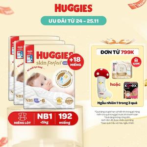 Combo 3 gói miếng lót sơ sinh Huggies Skin Perfect với 2 vùng thấm giảm kích ứng da Size NB1 64+4/ NB1 108+6/ NB2 60