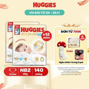 Combo 2 Tã/bỉm dán sơ sinh Huggies Skin Perfect với 2 vùng thấm giảm kích ứng da Size NB70+6/S54+6/S80+2/M76+3