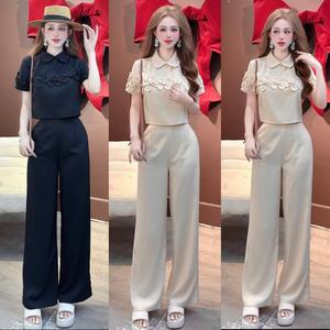 Sét bộ tiểu thư áo cổ bèo đính hoa nổi kèm quần ống xuông tôn dáng cực kì sang trọng