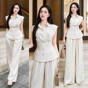 Sét bộ đồ áo cổ somi nút gài kèm quần ống suông tông dáng mặc đi chơi hay đi tiệc đều sang trọng