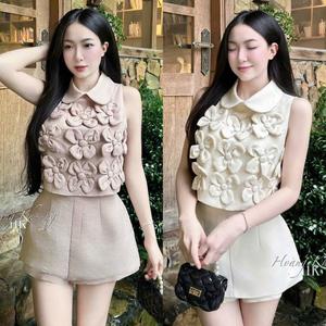 Sét bộ váy nữ cổ bèo tay ngắn kết hoa nổi phối quần giả váy lưng thun dây kéo tôn dáng dễ thương