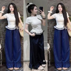 Sét bộ đồ áo cổ tròng ngắn tay họa tiết chấm bi phối quần ống rộng tôn dáng