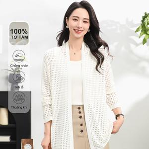 Áo Len Cardigan Nữ, MuMeng, Len Dệt Kim Khoét Lỗ, Nhẹ, Áo Khoác Ngoài Hở Trước, Thoáng Khí, Trang Phục Mùa Hè, Áo Mặc Bên Ngoài Thanh Lịch, Làm Bằng 100% Tơ Sữa, Chất Lượng Cao măng tô dáng dài