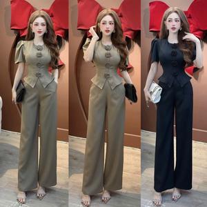 Sét bộ đồ áo tay phồng đính hoa nổi kèm quần ống suông tông dáng mặc nhà hay đi chơi đều đep