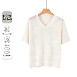 Áo Sơ Mi Lưới Khoét Lỗ, MuMeng, Làm Bằng Lụa Sồi 100%, Áo Thun Dệt Kim Thoáng Khí, Áo Cổ Chữ V, Dành Cho Nữ kiểu