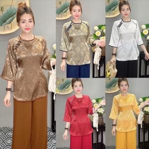 Sét bộ đồ Lam Pháp phục đi chùa kiểu đính hoa Bính thủ công tỉ mỉ kèm quần lụa cách điệu