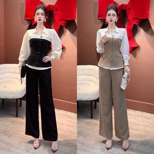 Sét bộ Đồ kiểu Vets Áo cổ somi 2 lớp phối quần ống xuông tôn dáng mặc đi tiệc sang trọng