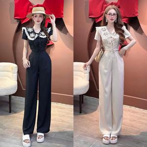 sét bộ Đồ áo cổ lá xếp họa tiết hoa dây thắt nơ kèm quần ống xuông tôn dáng mặc đi chơi hay Đi tiệc Đều sang trọng