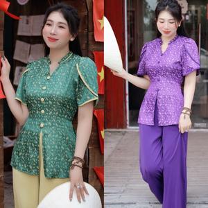 Đồ lam, bà ba, pháp phục đi chùa vải lụa tô châu tay áo kiểu búp sen cúc áo bọc vải . Kèm quần xuông