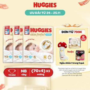 Thùng 3 gói Tã/bỉm dán sơ sinh Huggies Skin Perfect với 2 vùng thấm giảm kích ứng da Size NB70+4/S54+4/S80+2/M76+3 [CTKM cộng miếng thay đổi theo từng đợt nhập hàng]