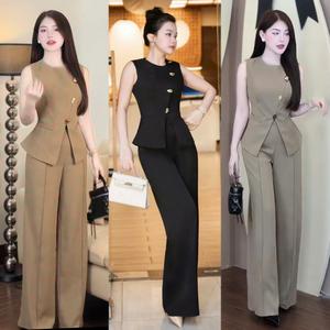 Bộ Đồ thiết kế kiểu vets cổ tròn nắp túi giả kèm quần ống suông tôn dáng mặc đi tiệc hay đi chơi đều Đẹp cho phái đẹp