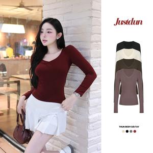 Áo thun nữ dài tay cổ tim Justdun chất cotton không pha nilon giữ nhiệt ôm body T28