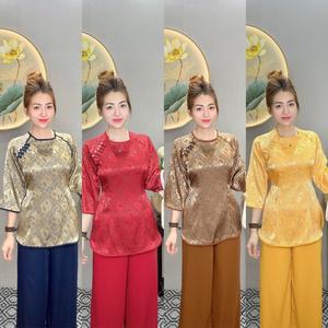 Đồ Lam pháp phục bà ba đi chùa áo cổ tròn đính nút tàu tay lững xẻ tà đi kèm quần lụa điệu đà M11