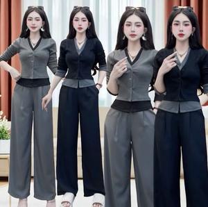 Sét bộ Đồ thiết kế áo cổ V phối điểm nhấn viền kèm quần ống xuông tôn dáng mặc đi chơi hay đi tiệc đều sang trọng