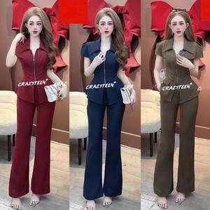 Sét bộ thiết kế kiểu vets áo cổ somi dây kéo trước kèm quân ống loe tôn dáng mặc đi chơi hay Đi tiệc Đều Sang trọng