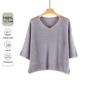 Áo Thun Cổ Chữ V Tay Lỡ Xếp Nếp, MuMeng, Làm Bằng Lụa Sồi 100%, Dành Cho Nữ, Màu Trơn Dáng Ôm, Thích Hợp Cho Mùa Hè, Mặc Áo kiểu