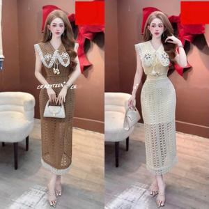 Sét bộ thiết kế Đi tiệc áo cổ lá nữ hoàng phối ren kèm chân váy mặc đi chơi hay Đi tiệc Đều sang trọng