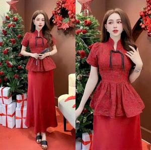 Sét Bộ mang Tết áo ren thêu hai lớp kèm chân váy tuyết Nhung đuôi cá dài xòe dễ thương