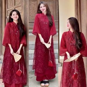 Sét bộ Áo dài diện tết thêu 2 lớp phối tay voan mềm kèm quần lụa tuyết mềm mại cực kì dễ thương