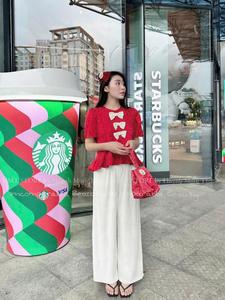 Sét bộ Đồ kiểu bà ba áo đính nơ tòa xòe kèm quần ống xuông tôn dáng