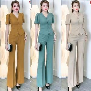 Sét bộ đồ vét áo tay con kèm quần ống loe nhẹ nắp túi giả nút bọc vải mang tôm dáng sang trọng