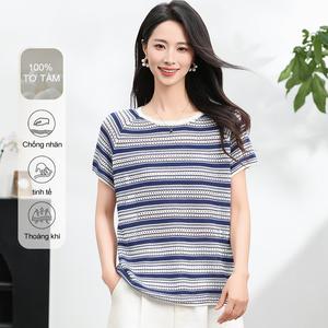 Áo Lưới Sọc Mùa Hè, MuMeng, 100% Tơ Sữa, Thoáng Khí, Áo Thun Nữ Khoét Lỗ Áo Chui Đầu Dệt Kim