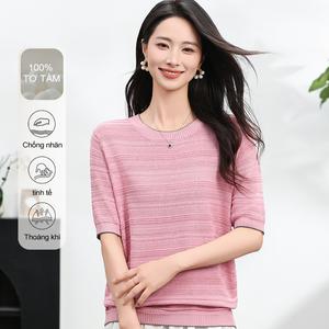 Áo Thun Sọc Dệt Kim Màu Hồng, MuMeng, Dành Cho Nữ, Dễ Phối Đồ, Làm Bằng Lụa Sồi 100%