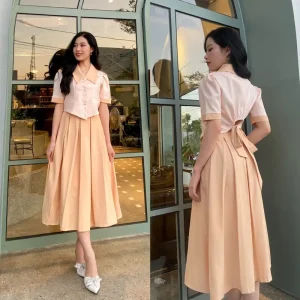 KangStudio - Váy tiểu thư tay bồng chân váy xếp ly đầm dài - thanh lịch