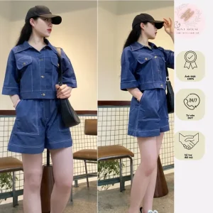 Set áo sơ mi jean crotop FREESIZE tay lỡ và quần short ống rộng có khóa bo chun đằng sau