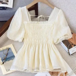 áo crotop nữ cổ vuông tay phồng có thắt nơ sau Sơ Mi Voan Shirt