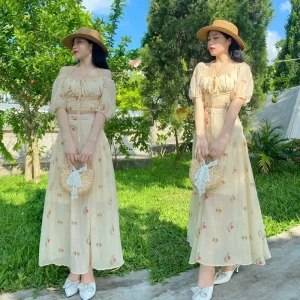 KangStudio - Set váy đi biển - Váy maxi áo crotop tay phồng kết hợp chân váy xòe dáng dài trẻ trung