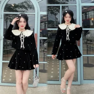 KangStudio - [V007]Set váy nhung đính đá cổ bèo tiểu thư sang chảnh + chân váy xếp ly ngắn