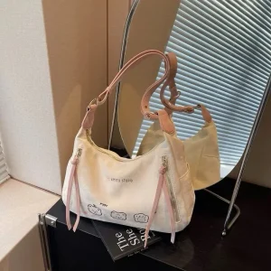 Túi Đeo Vai, Túi Xách Nữ Tote Xẻ Khóa Da Nhung In Họa Tiết Dễ Thương Phong Cách Hàn Quốc Cun612