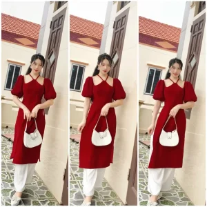 KangStudio - [AD002] SET ÁO DÀI CỔ YÊM TAY NGẮN BỒNG + QUẦN ỐNG SUÔNG DÀI TRẮNG