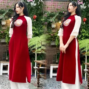 [CÓ BIGSIZE] ÁO DÀI CÁCH TÂN THÊU NHUNG ĐỎ +QUẦN SUÔNG TRẮNG DÀI [AD001] Nữ Women Dress