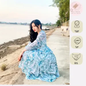 ĐẦM NỮ TIỂU THƯ CỔ V VOAN HOẠ TIẾT HOA XANH NHIỀU TẦNG TRẺ TRUNG