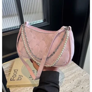 Túi Xách Nữ Kẹp Nách Đeo Vai Thời Trang Da Nhung Dây Phối Ngọc Sang Chảnh CUN251