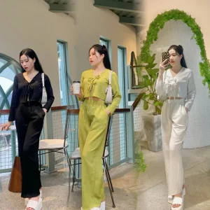 KangStudio - Set đũi bộ đồ nữ mùa hè áo crotop buộc dây kết hợp quần dài ống suông có BIGSIZE, hàng thiết kế