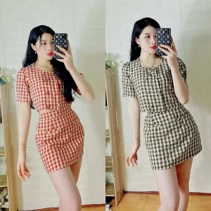 Set váy áo cổ vuông tay ngắn năng động+ chân váy chữ A thời trang Hàn Quốc Top Nữ