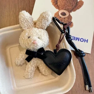 Móc Khoá Thỏ Màu Kem Thắt Nơ Kèm Charrm Tym Xinh Treo Phụ Kiện Túi Xách