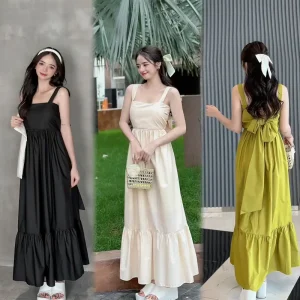 KangStudio - [CÓ BIGSIZE] Đầm Maxi đi biển FREESIZE hai dây thắt nơ dáng babydoll nhiều màu phong cách Hàn Quốc Nữ Dress