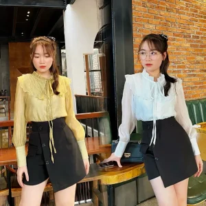 KangStudio - Áo sơ mi nữ thanh lịch cổ bèo tay dài thiết kế cổ tay cao, chất liệu tơ 2 lớp dày dặn màu xanh bơ trắng kem phù hợp cho công sở dễ phối đồ