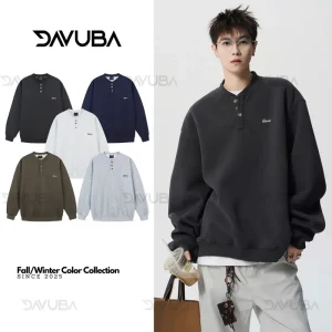 [Mở Bán] [DAVUBA] Áo Sweater cổ tròn 3 cúc form rộng nỉ 2 da nam nữ sm156