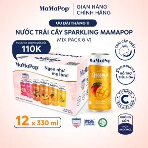 Nước trái cây sparkling MaMaPop mix 6 vị (330ml/12 lon) - Kết hợp với trái cây tự nhiên, giàu Vitamin C