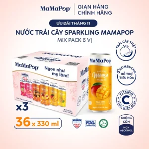 Combo 3 thùng 12 lon nước trái cây sparkling MaMaPop mix 6 vị (330ml x 36 lon) - Kết hợp với trái cây tự nhiên, giàu Vitamin C