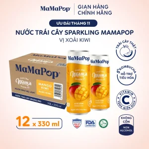 Mamapop thùng 12 lon nước trái cây sparkling vị Xoài Kiwi 330ml - Kết hợp với trái cây tự nhiên, giàu Vitamin C