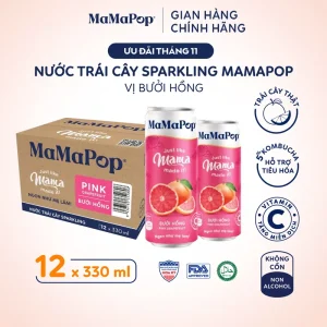 Mamapop thùng 12 lon nước trái cây sparkling vị Bưởi Hồng 330ml - Kết hợp với trái cây tự nhiên, giàu Vitamin C