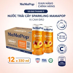 Mamapop thùng 12 lon nước trái cây sparkling vị Cam Đào 330ml - Kết hợp với trái cây tự nhiên, giàu Vitamin C