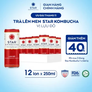 Thùng 12 lon STAR KOMBUCHA Lựu Đỏ / Pomegranate (250ml/lon) - Trà lên men vi sinh bảo vệ sức khỏe